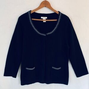 Tweeds Cardigan Women L Black 100% Merino Wool Scoop Neck Braided Silver Trim